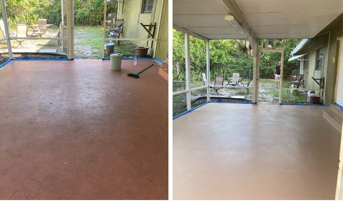 Before and after of a screened lanai professionally cleaned in a South Florida home