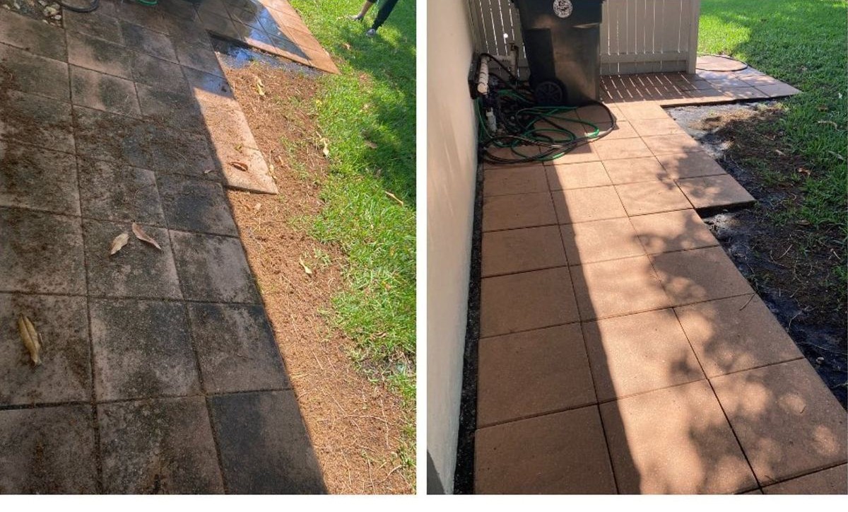 Before and after of a paver patio professionally cleaned and restored in South Florida