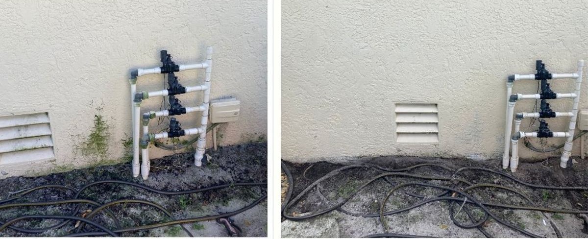 Before and after of mildew and algae professionally removed from a Boca Raton stucco wall